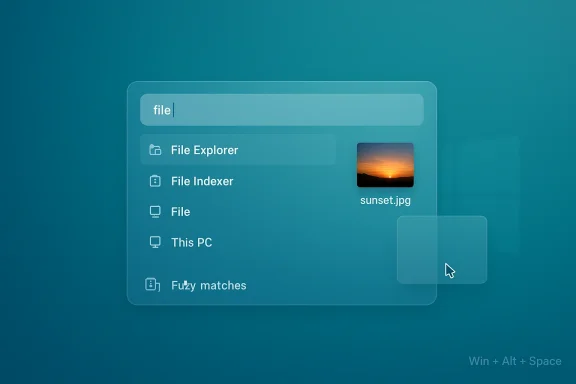 A futuristic, translucent file search panel with a sunset.jpg thumbnail.