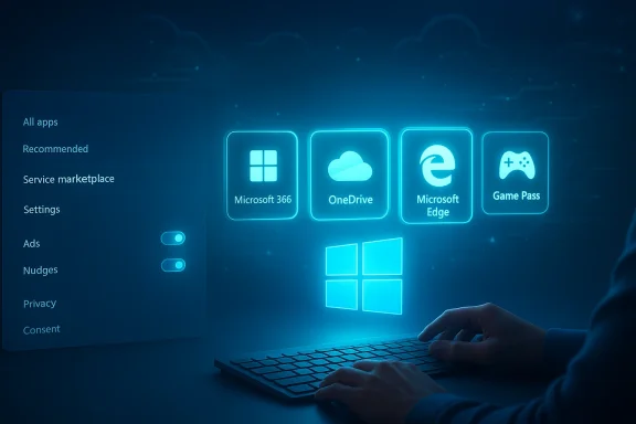 A person types on a keyboard as glowing Windows apps hover in a blue holographic interface.
