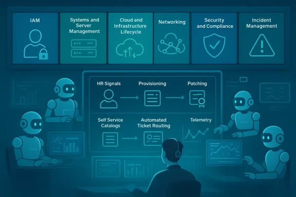 A futuristic IT operations center with robots monitoring dashboards and workflows.