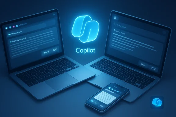 Two laptops and a smartphone surround a glowing neon Copilot logo.