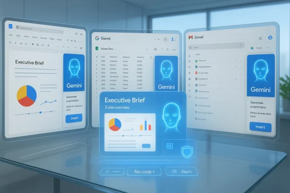 Futuristic holographic dashboard shows executive briefs and Gemini profile cards on curved screens.