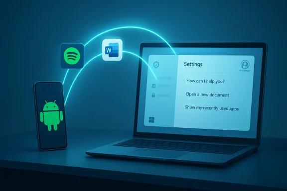 Android phone and apps wirelessly connect to a laptop displaying Settings.