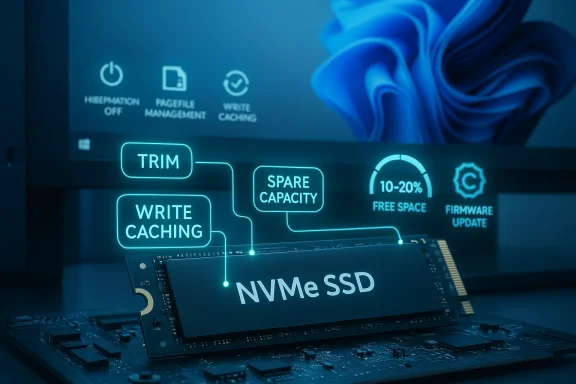 NVMe SSD on a motherboard with glowing neon labels for TRIM, write caching, and spare capacity.