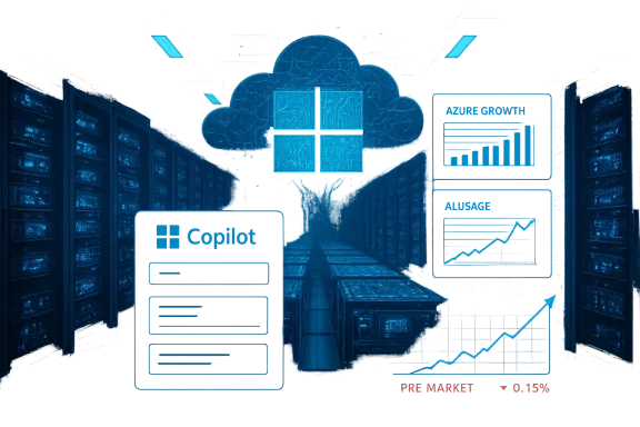 Blue-tinted data center featuring a cloud icon, Copilot UI, and rising Azure charts.