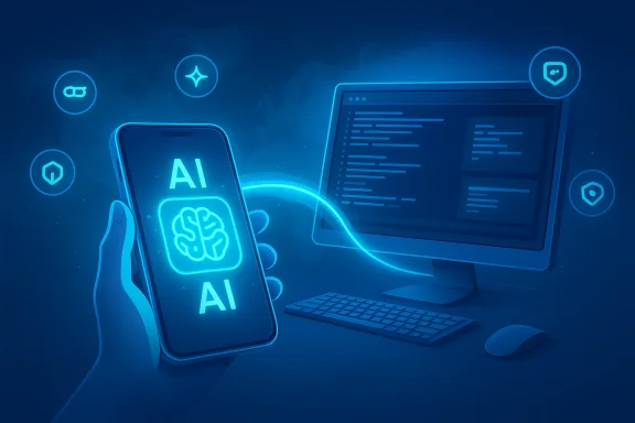 Neon blue AI on a smartphone links to a code-filled computer monitor.