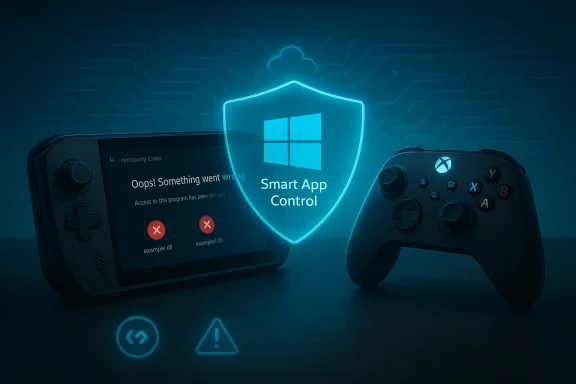 A glowing shield with Windows logo and “Smart App Control” hovers between a handheld console and a game controller.