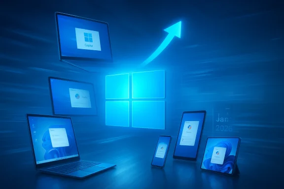 Blue-tinted scene with multiple Windows devices (laptop, tablet, phone) around a glowing Windows logo.