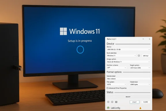 A Windows 11 setup screen on a monitor, with a Rufus utility window open beside it.