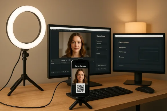 A desk setup with a ring light, two monitors, and a phone on a tripod showing a portrait and a QR code.