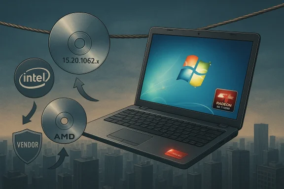 Laptop with Intel/AMD discs and vendor shield icons above a city skyline.