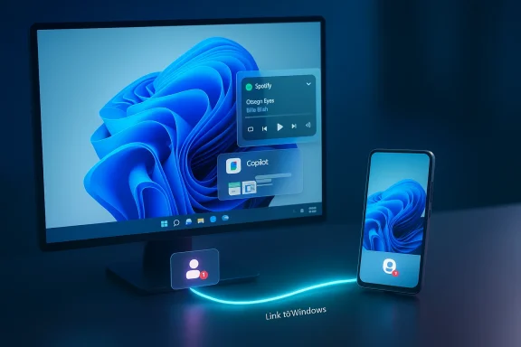 A Windows desktop and smartphone are connected by a glowing line labeled 'Link to Windows'.