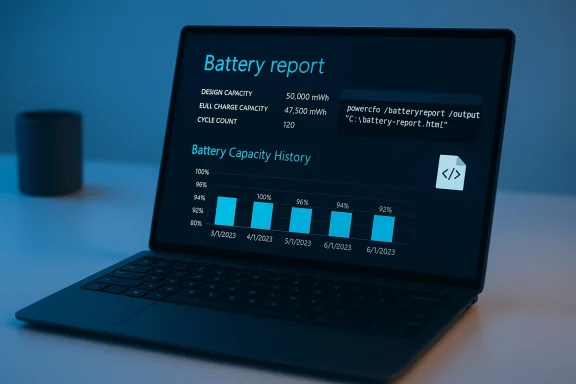 Laptop displaying a dark blue battery report with capacity metrics and a history chart.