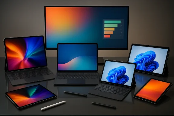 A lineup of Apple devices—including MacBook, iPad Pro, and iPads—on a glass table.
