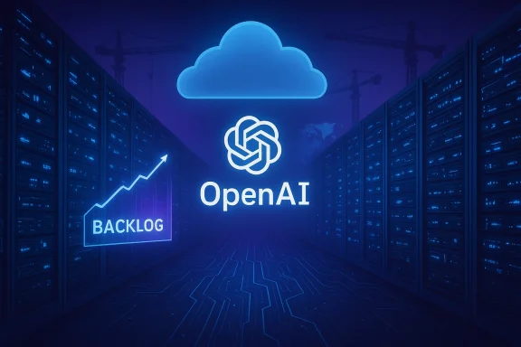Neon-blue data center scene with a cloud icon, OpenAI logo, and a rising backlog.