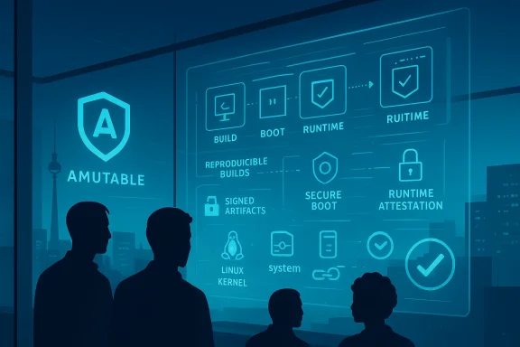 Silhouetted figures watch a blue holographic dashboard detailing build, boot, runtime, and attestation.