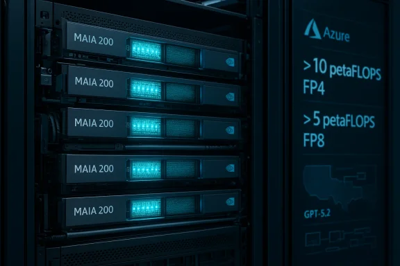 Blue-tinted server rack with several MAIA 200 storage blades.