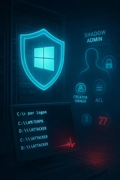 Neon cyber-security scene with a glowing shield and the 'Shadow Admin' label.