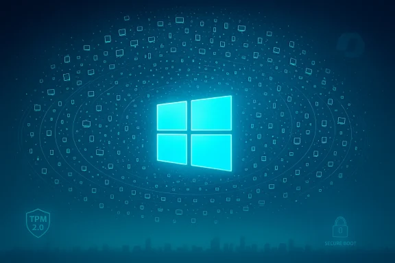 A glowing Windows logo at center, surrounded by orbiting digital squares, signaling TPM 2.0 and Secure Boot.