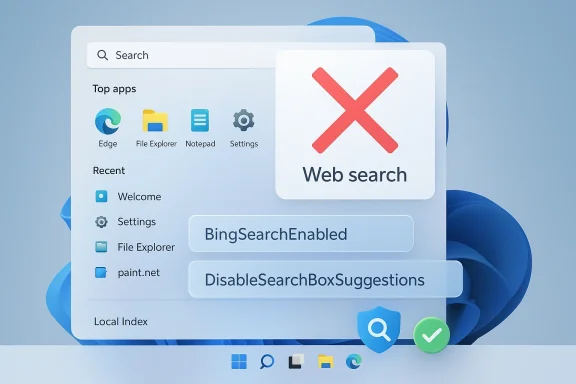 Windows 11-style UI showing search settings, including BingSearchEnabled and DisableSearchBoxSuggestions.