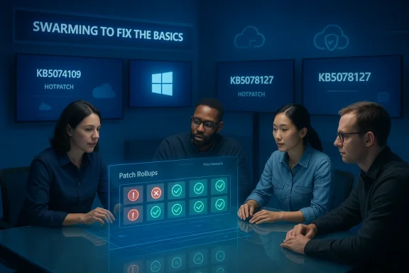 Four colleagues study a holographic patch rollout dashboard in a blue-lit conference room.
