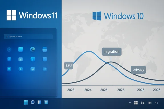 Windows 11 UI on the left; Windows 10 migration and privacy graph on the right.