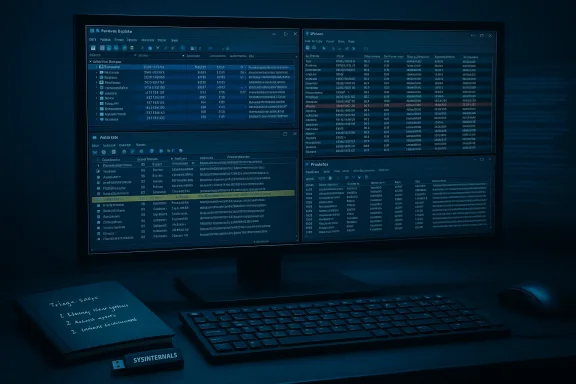 Dark-blue workstation with a multi-panel monitor showing dashboards, plus keyboard, mouse and notebook.