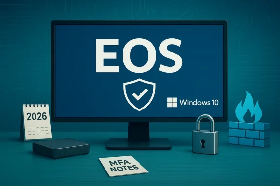 Desk setup shows EOS on screen with Windows 10 logo and security shield, signaling end of support.
