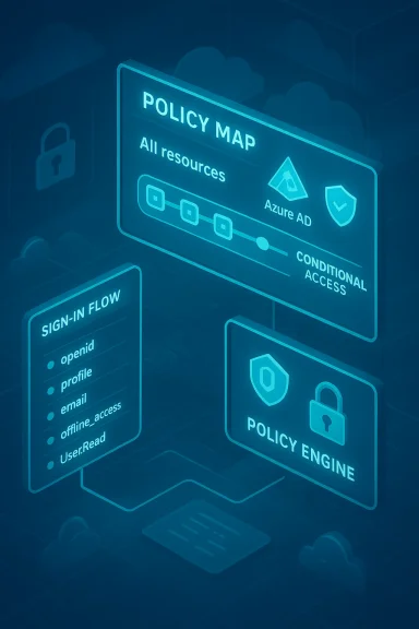 A neon blue security dashboard showing a policy map, sign-in flow, and policy engine.