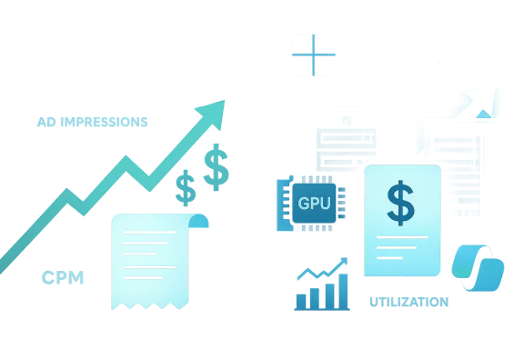 Blue, tech-themed infographic with ad metrics, a GPU chip, and rising graphs.
