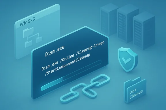 Isometric Windows DISM cleanup illustration showing Dism.exe commands, WinSxS folder, and Disk Cleanup icon.