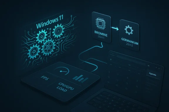 Windows 11 interface shows a gear-driven chip upgrade from Bromine to Germanium.
