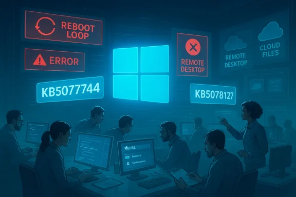 IT team in a high-tech control room, screens show Windows logo, errors, and cloud icons.