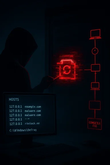 A hooded hacker at a dark workstation, red-glow screens show hosts and a malware flow.
