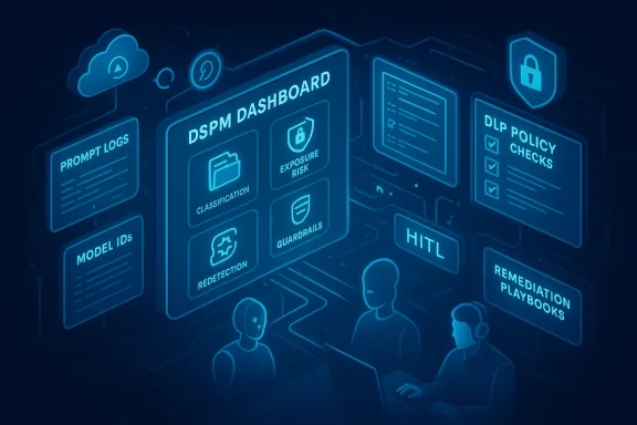 Blue neon DSPM dashboard showing classification, exposure risk, guardrails, and policy checks.