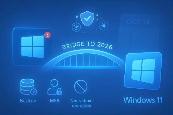 Blue security infographic for Windows 11: backup, MFA, non-admin, bridge to 2026.