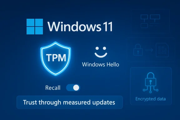 Windows 11 interface highlighting TPM shield, Windows Hello, and secure updates.
