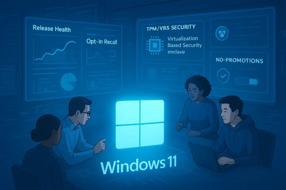 Team discusses Windows 11 security and release health dashboards around a glowing Windows logo.