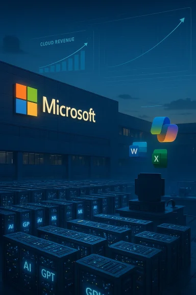 Microsoft data center featuring AI servers and floating Office icons.