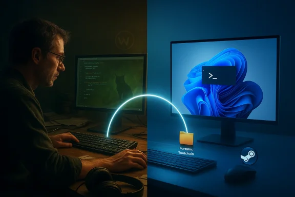 Dimly lit coder on the left, bright Windows PC on the right with a Portabic Toolchain folder.