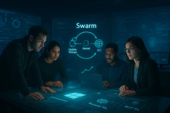 Four professionals study a holographic Swarm diagram projected on a glowing table.