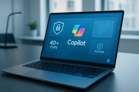 Laptop on a desk displays Copilot branding with security icons on a blue screen.