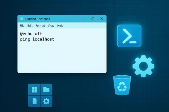 Notepad window with batch commands '@echo off' and 'ping localhost' on a blue tech background.