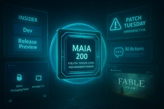MAIA 200 AI chip at center, surrounded by holographic dev, patch, and game panels.