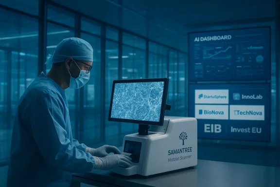 Lab technician in scrubs and mask operating a SAMANTREE histology scanner in a high-tech lab.