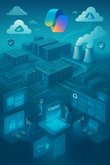 Futuristic data center with cloud AI Copilot dashboard.
