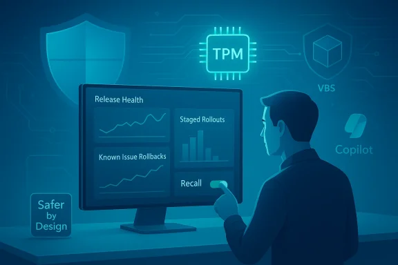 A person reviews release health metrics on a dashboard amid TPM and security icons.