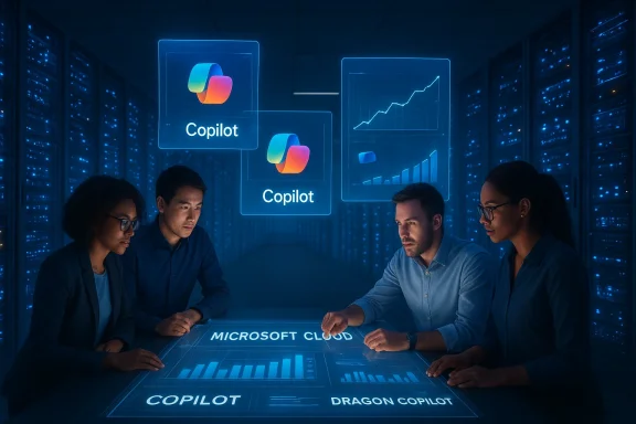 A diverse team reviews cloud data and Copilot dashboards in a blue-lit server room.