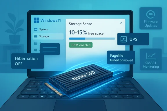 Windows 11 laptop showing an NVMe SSD with floating storage-management panels.