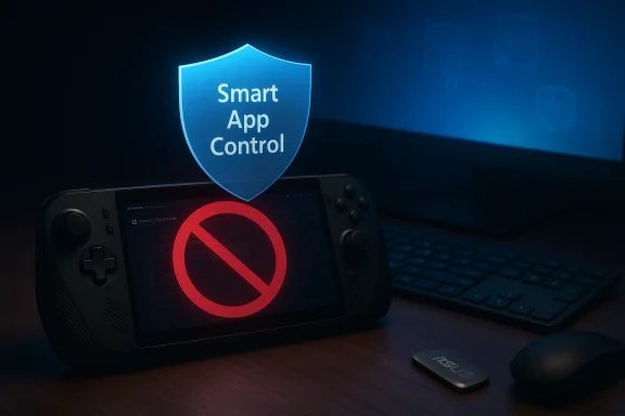 A handheld gaming console on a desk, with a glowing blue shield labeled 'Smart App Control' and a red no-entry symbol.