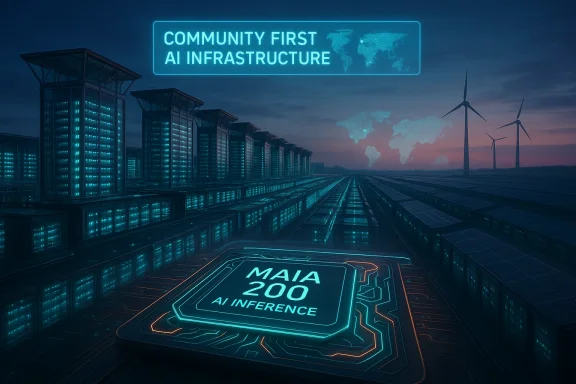 Futuristic data center with neon-lit servers and the MAIA 200 AI inference chip.